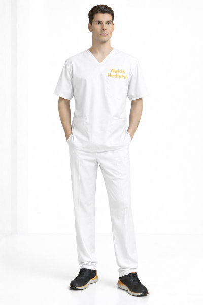 Beyaz Likralı Doktor & Hemşire Forması Takımı Scrubs | V Yaka, Fonksiyonel Cepli Cerrahi Hastane Üniforması
