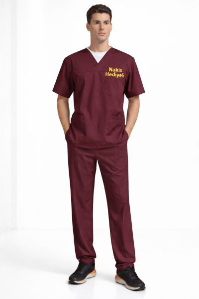 Bordo Likralı Doktor & Hemşire Forması Takımı Scrubs | V Yaka, Fonksiyonel Cepli Cerrahi Hastane Üniforması