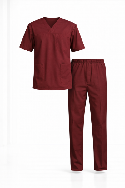 Bordo Likralı Doktor & Hemşire Forması Takımı Scrubs | V Yaka, Fonksiyonel Cepli Cerrahi Hastane Üniforması