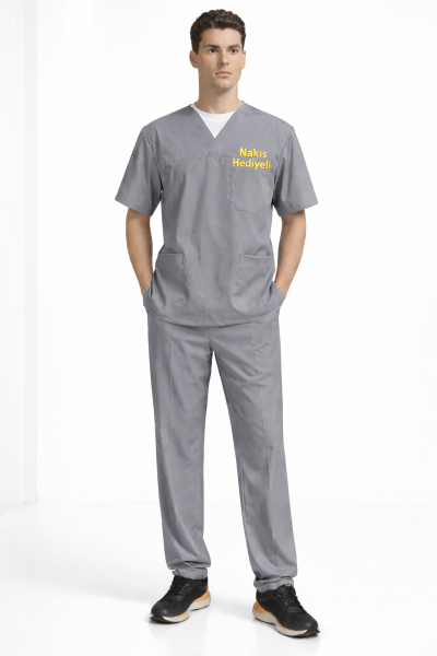 Mekaizen Gri Likralı Doktor & Hemşire Forması Takımı Scrubs | V Yaka, Fonksiyonel Cepli Cerrahi Hastane Üniforması