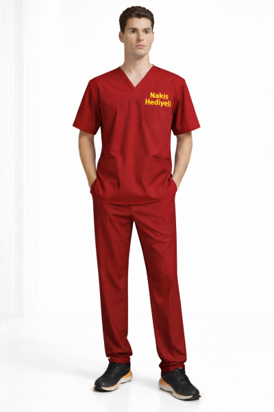 Kırmızı Likralı Doktor & Hemşire Forması Takımı Scrubs | V Yaka, Fonksiyonel Cepli Cerrahi Hastane Üniforması