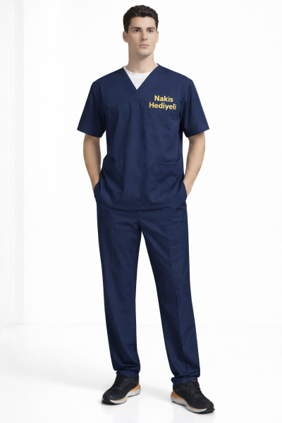 Lacivert Likralı Doktor & Hemşire Forması Takımı Scrubs | V Yaka, Fonksiyonel Cepli Cerrahi Hastane Üniforması