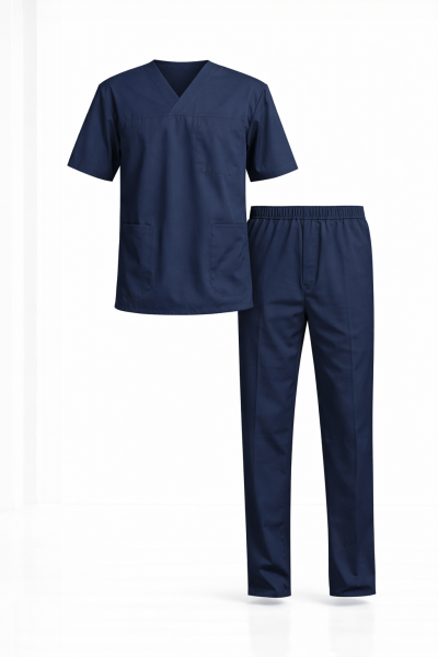 Lacivert Likralı Doktor & Hemşire Forması Takımı Scrubs | V Yaka, Fonksiyonel Cepli Cerrahi Hastane Üniforması
