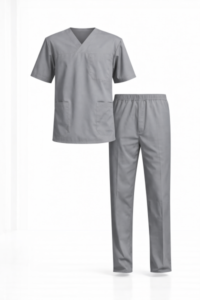 Mekaizen Gri Likralı Doktor & Hemşire Forması Takımı Scrubs | V Yaka, Fonksiyonel Cepli Cerrahi Hastane Üniforması
