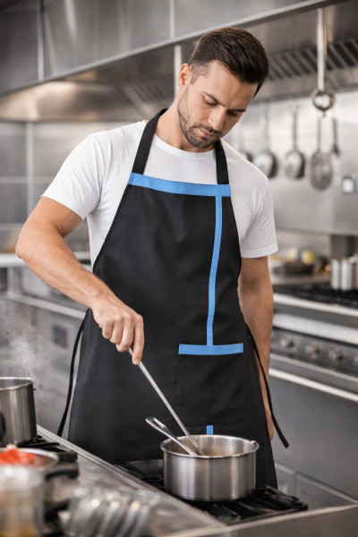 Mekaizen Mavi Şeritli Siyah Mutfak Önlüğü – Profesyonel Aşçı Önlüğü, Baskı & İsim Nakışlı, Ayarlanabilir
