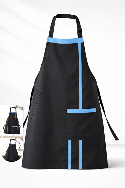Mekaizen Mavi Şeritli Siyah Mutfak Önlüğü – Profesyonel Aşçı Önlüğü, Baskı & İsim Nakışlı, Ayarlanabilir