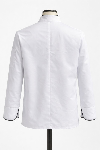 MEKAIZEN Profesyonel Şef Forması – Uzun Kollu Aşçı Ceketi | Çıtçıtlı, Siyah Biyeli Mutfak Üniforması