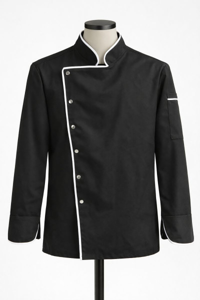 MEKAIZEN Profesyonel Siyah Şef Forması – Uzun Kollu Aşçı Ceketi | Çıtçıtlı, Beyaz Biyeli Mutfak Üniforması