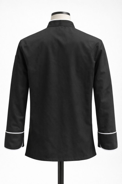 MEKAIZEN Profesyonel Siyah Şef Forması – Uzun Kollu Aşçı Ceketi | Çıtçıtlı, Beyaz Biyeli Mutfak Üniforması