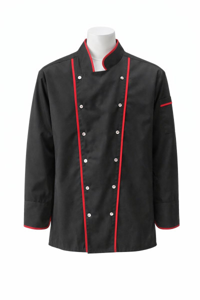 Mekaizen Siyah Kırmızı Biyeli Şef Aşçı Ceketi – Uzun Kollu Profesyonel Mutfak Şef Kıyafeti (Unisex)