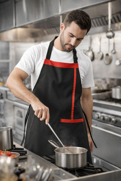 Mekiazen Kırmızı Şeritli Siyah Mutfak Önlüğü – Profesyonel Aşçı Önlüğü, Baskı & İsim Nakışlı, Ayarlanabilir