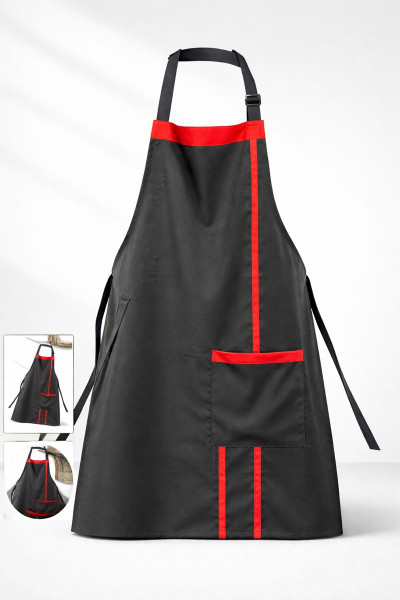 Mekiazen Kırmızı Şeritli Siyah Mutfak Önlüğü – Profesyonel Aşçı Önlüğü, Baskı & İsim Nakışlı, Ayarlanabilir