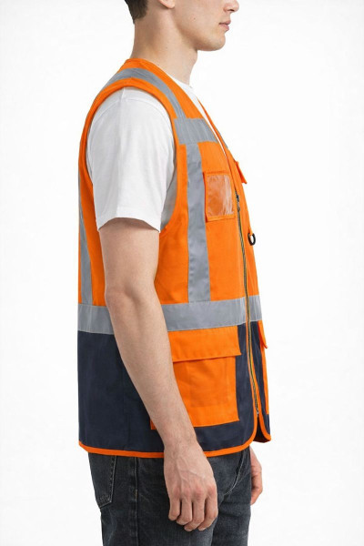 Reflektörlü Fosforlu Turuncu  İş Güvenliği Yeleği – Çok Cepli Model- Baskı & Nakış İşlemeli