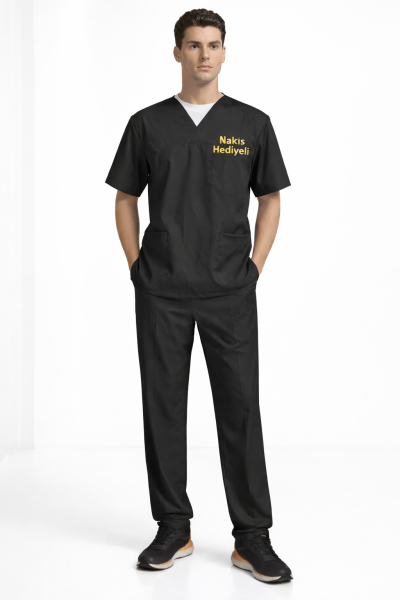 Siyah Likralı Doktor & Hemşire Forması Takımı Scrubs | V Yaka, Fonksiyonel Cepli Cerrahi Hastane Üniforması
