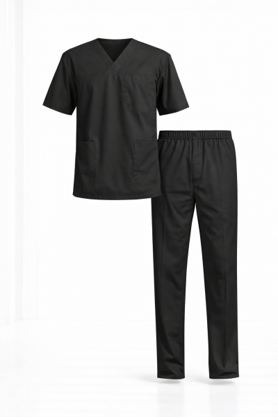 Siyah Likralı Doktor & Hemşire Forması Takımı Scrubs | V Yaka, Fonksiyonel Cepli Cerrahi Hastane Üniforması