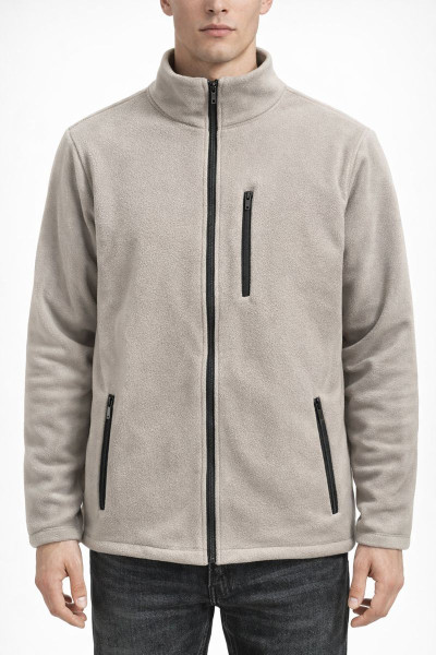 Unisex Bej Polar Ceket – Fermuarlı 3 Cepli