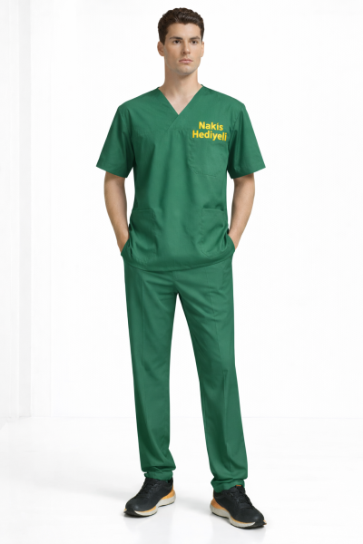 Yeşil Likralı Doktor & Hemşire Forması Takımı Scrubs | V Yaka, Fonksiyonel Cepli Cerrahi Hastane Üniforması
