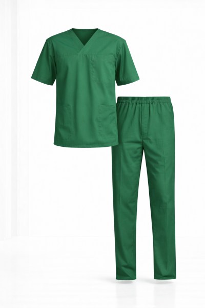 Yeşil Likralı Doktor & Hemşire Forması Takımı Scrubs | V Yaka, Fonksiyonel Cepli Cerrahi Hastane Üniforması